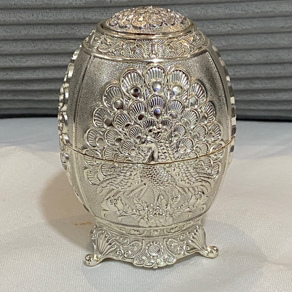 Silver tone over brass 🌟 Peacock Egg shaped “tooth pick holder”or trinket box.